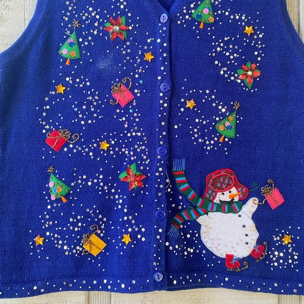 kim rogers Vintage  Women's size Large Beaded Blue Christmas Holiday Snowman Vest - Image 3
