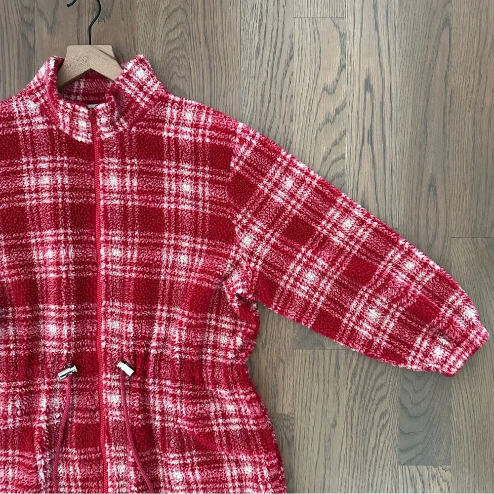 Anthropologie Vintage Collared Fleece Drawstring Waist Jacket Red White Plaid M - Image 2
