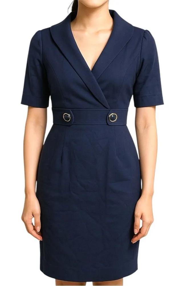 Kay Unger Navy Collared Midi Dress with Plunging Neckline - Image 1