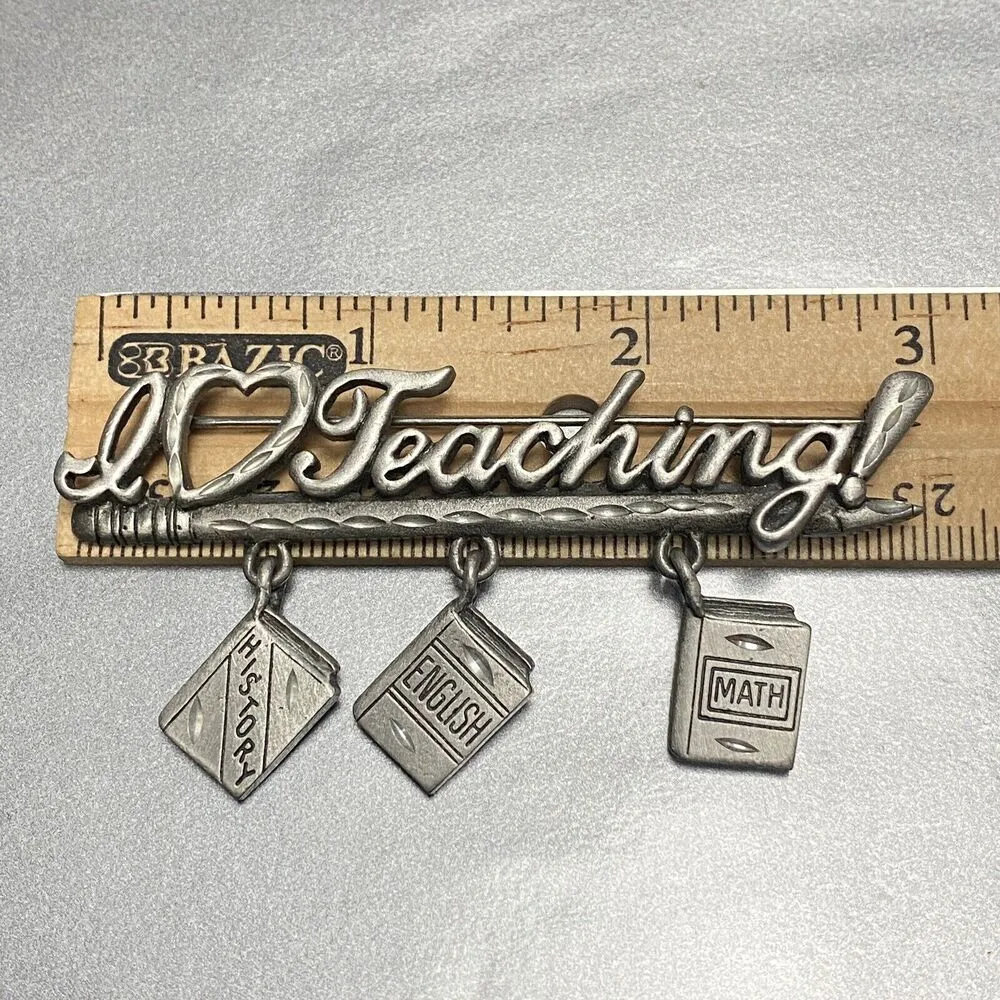 JJ Vintage Pin Brooch I Love Teaching Subjects Books Teacher Signed 1980s Pewter Gray - Image 3