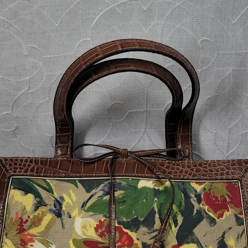 Liz Claiborne Satchel Bag Med Floral Cotton Faux Leather Embossed Alligator - Image 4