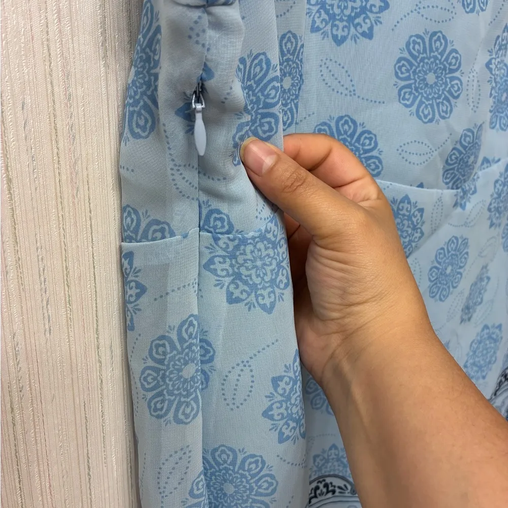 Trendy Lane Bryant Plus Size 2X Blue Boho Floral Print Empire Waist V-Neck Top - Image 3