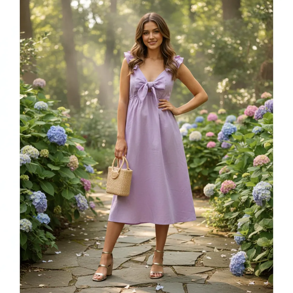 Drew ANTHROPOLOGIE Lisa coquette Dress Lilac Cotton poplin midi front tie Sz M - Image 3