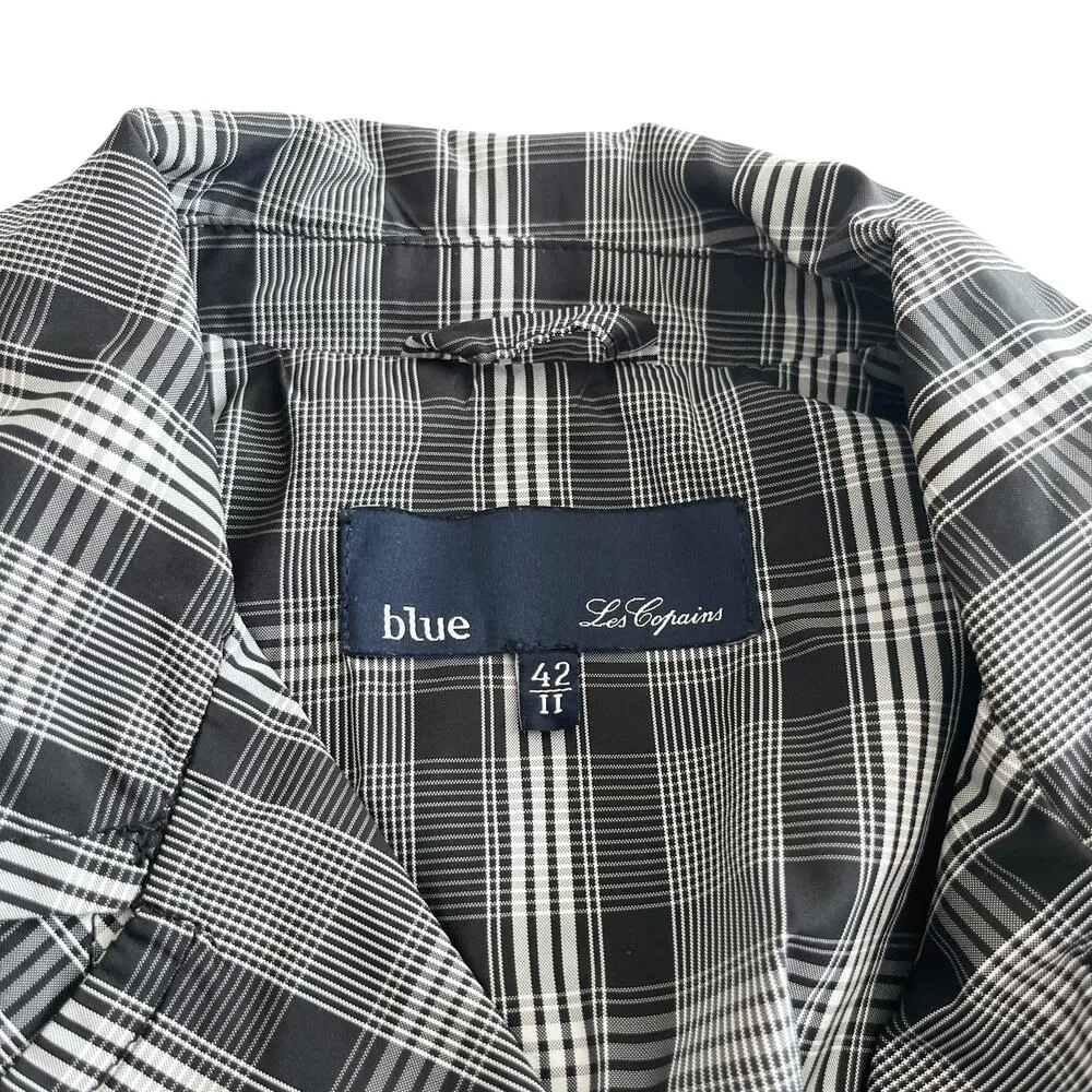 Blue Les Copains Black White Plaid Double Breasted Short Trench Coat Jacket - Image 2