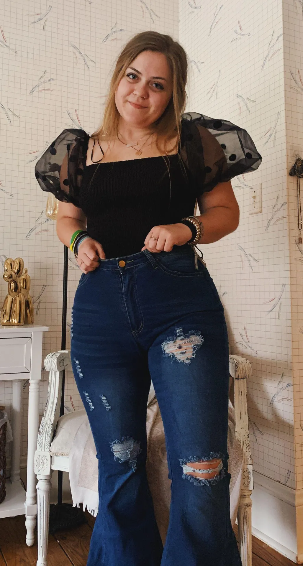 Boutique Dark Wash Distressed Bell Bottoms - Image 3