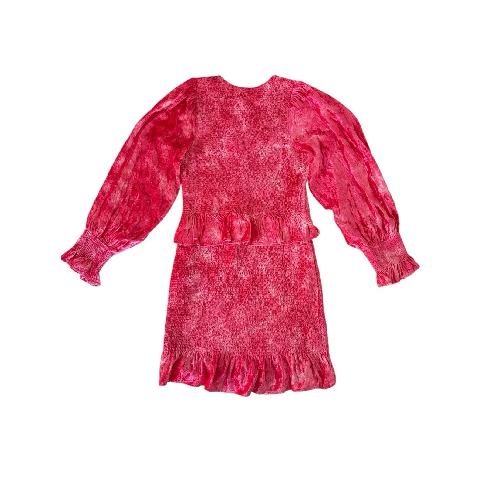 Loveshackfancy Evan Mini Dress Womens Medium Pink Tie Dye Velvet‎ Ruffle Smocked - Image 7