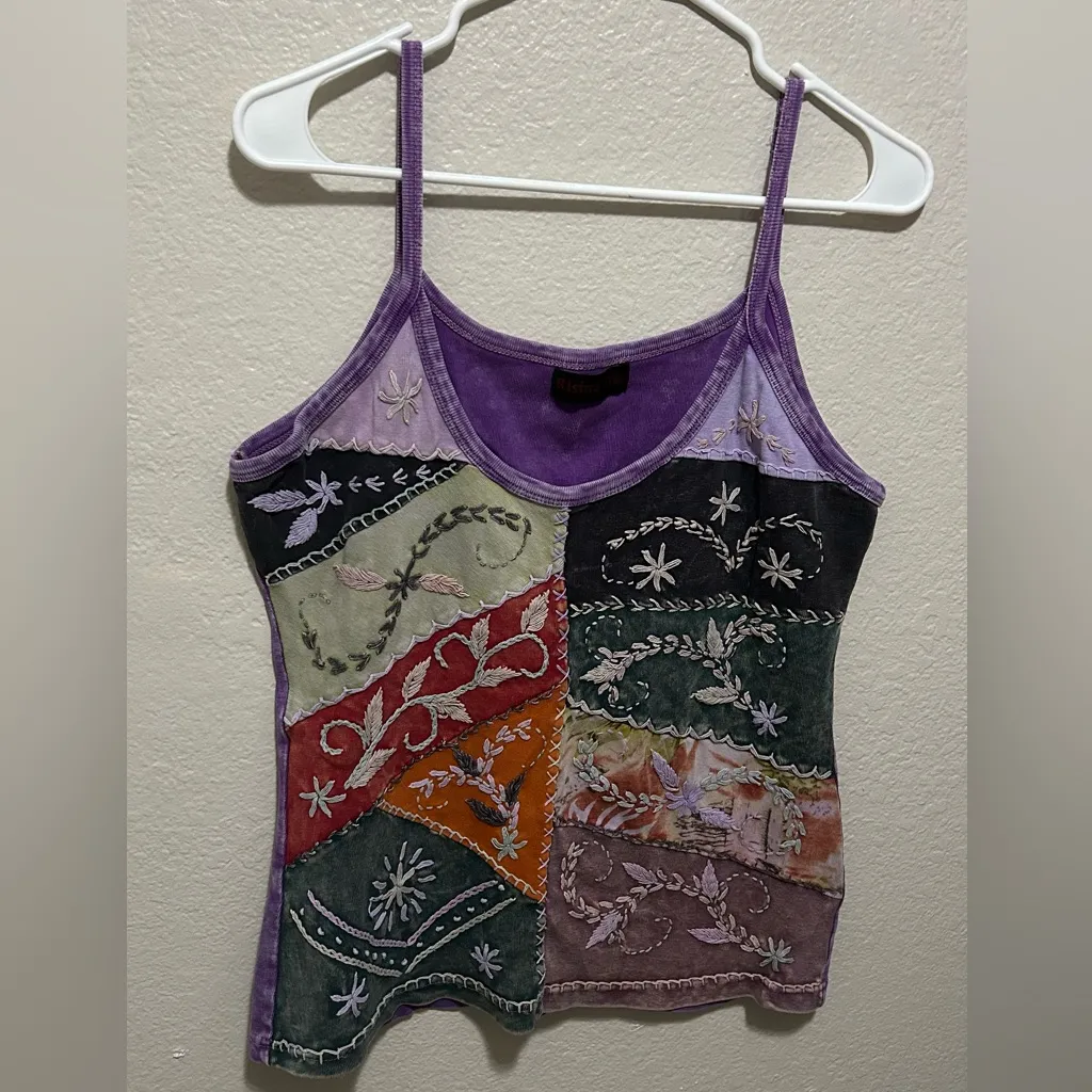 Rising Tide Hippie Boho Patchwork Multicolor Embroidered Tank Top Y2K Medium Gray - Image 2