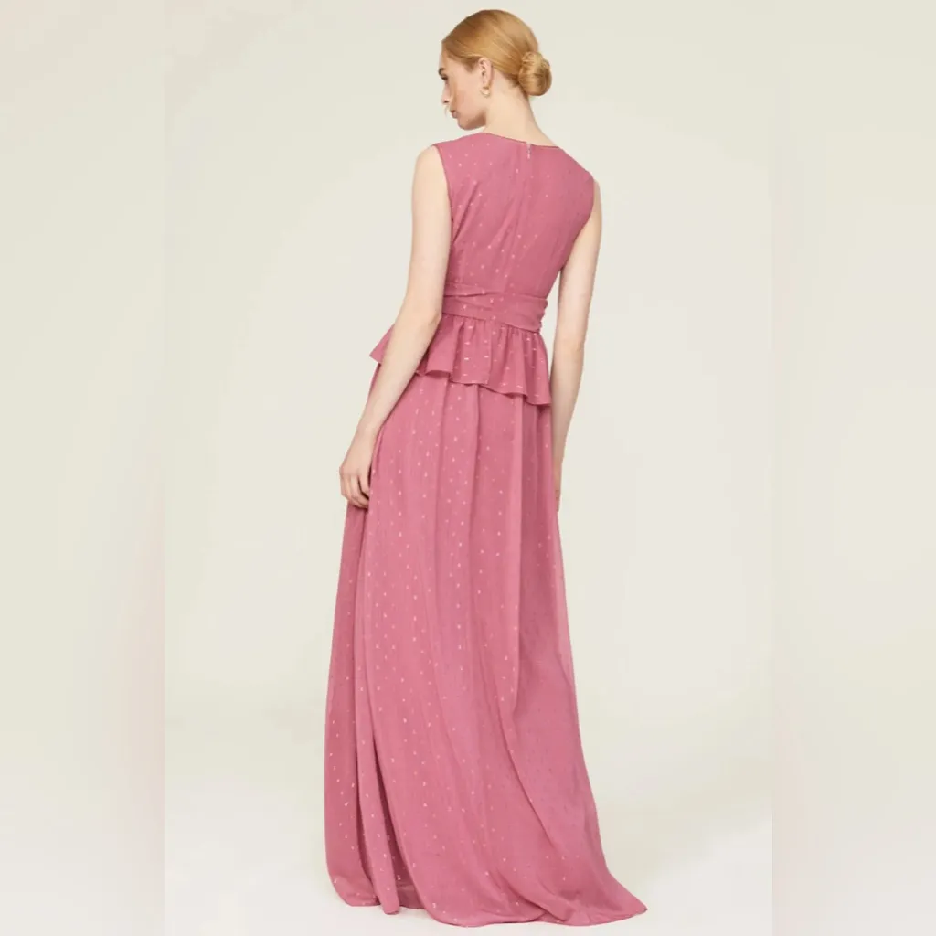 RTR LDT Pink Rose Metallic Peplum Waist‎ Sleeveless V Neck Maxi Gown Dress Sz 2 - Image 3
