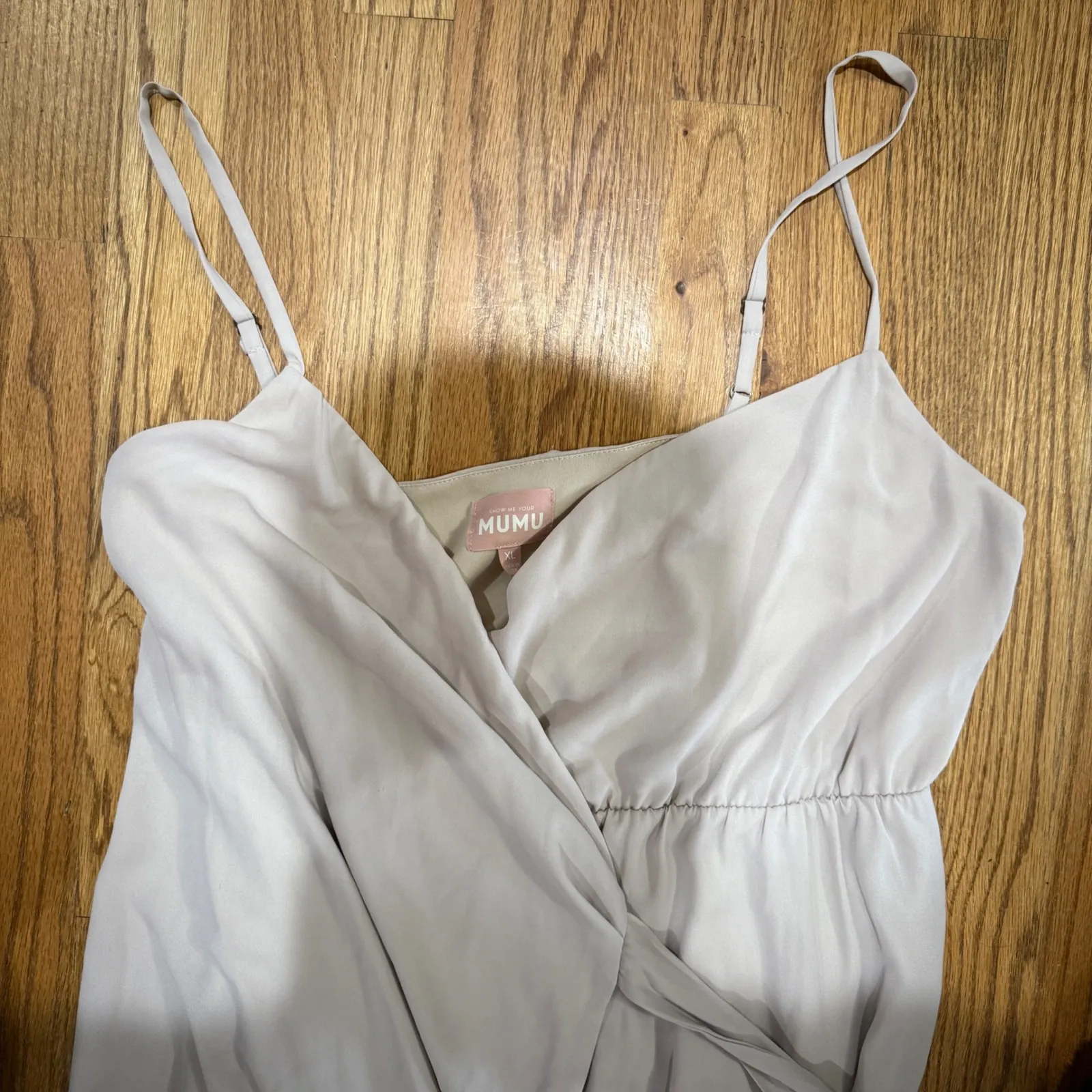 Mumu Maxi Dress Beige Spaghetti Strap Wrap Front Slit Tie Waist - Image 3