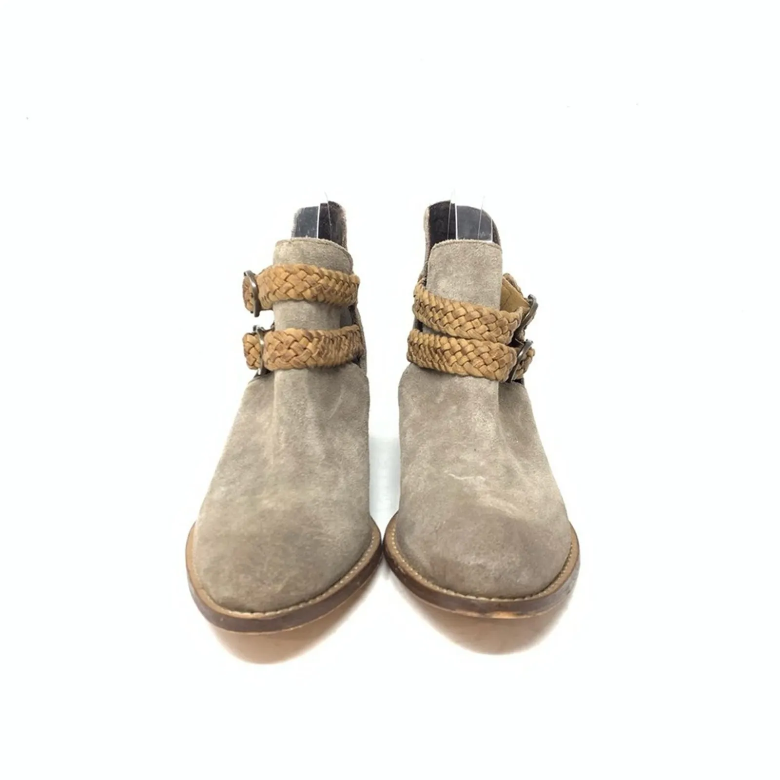 Rebels Calista Grey Suede Tan Braided Woven Detail Western Ankle Bootie Boot 7 Gray - Image 2