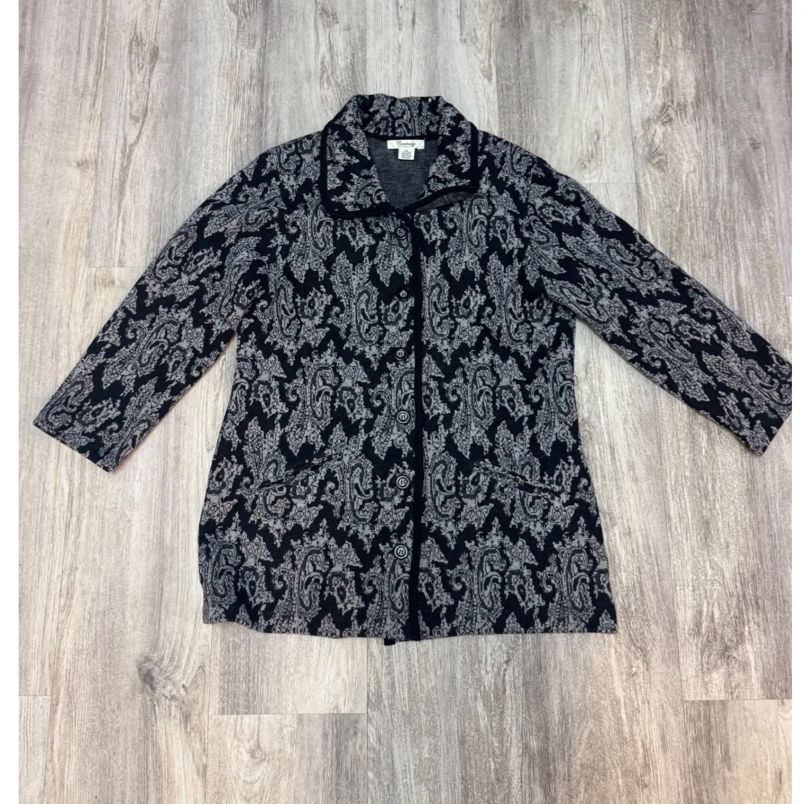 Cambridge Dry Goods Women's Wool Paisley Button Front Sweater Jacket Size XL‎ Black - Image 6