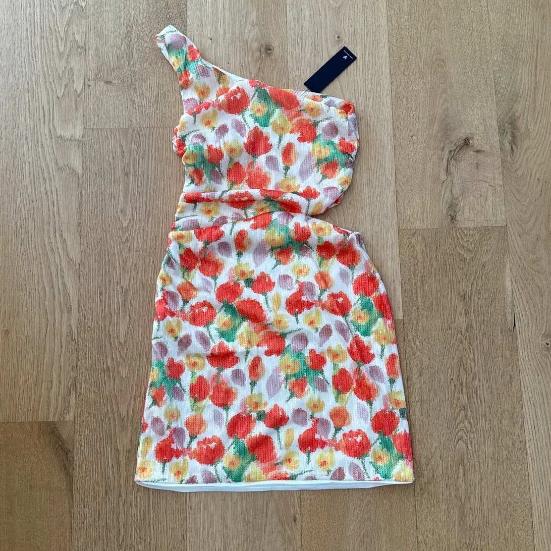 Lulu's Mini Dress One Shoulder Sequins Floral Carissa White Orange Green - Image 4