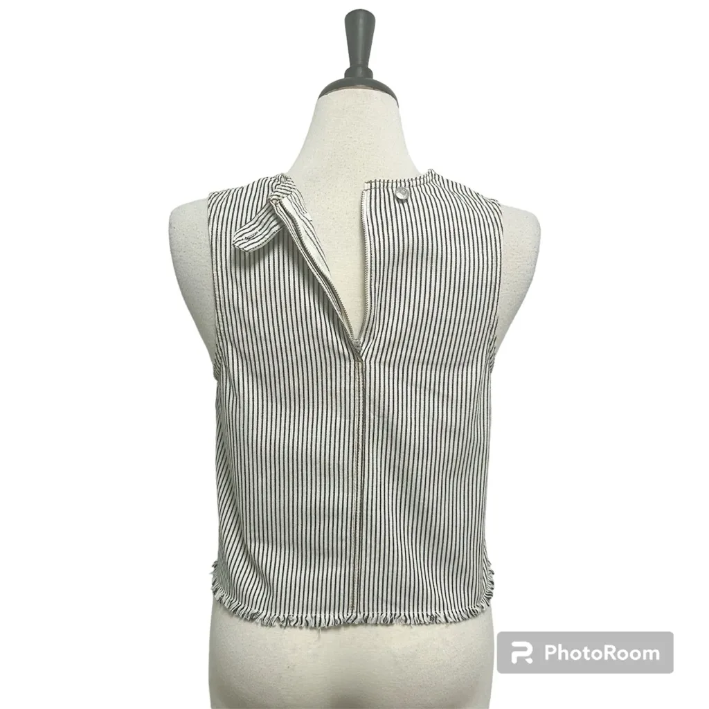 T Alexander Wang Ivory Midnight Navy Stripe Sleeveless Frayed Hem Cotton Top 8 Blue - Image 6