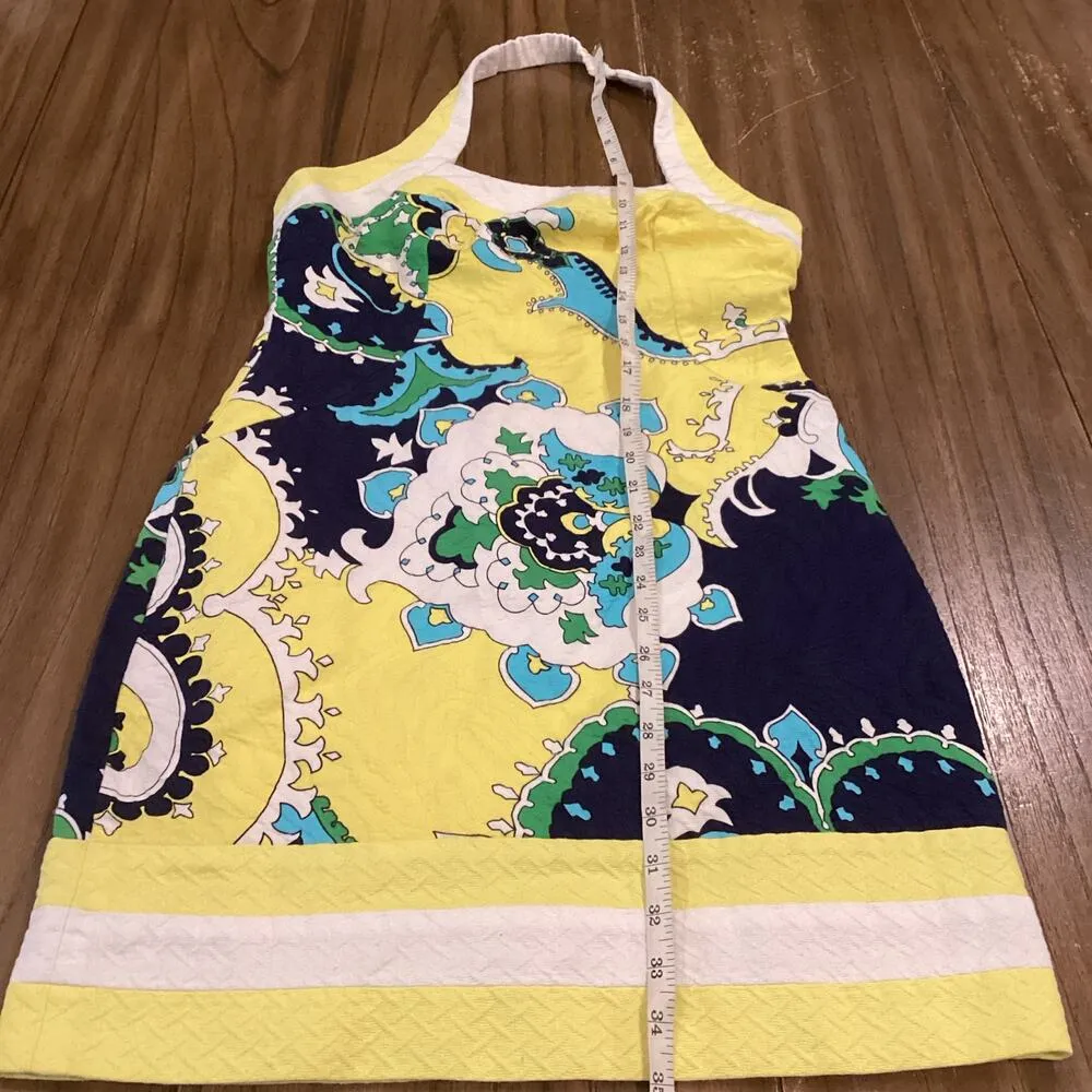 Muse yellow blue halter retro Floral Tropical Halter waffle cotton Dress Size 6 - Image 3