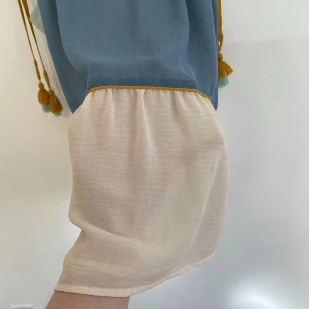 ANN TAYLOR LOFT Poolside Peplum Cami Cream Beige Blue Tassel Strappy Tank Blouse - Image 10