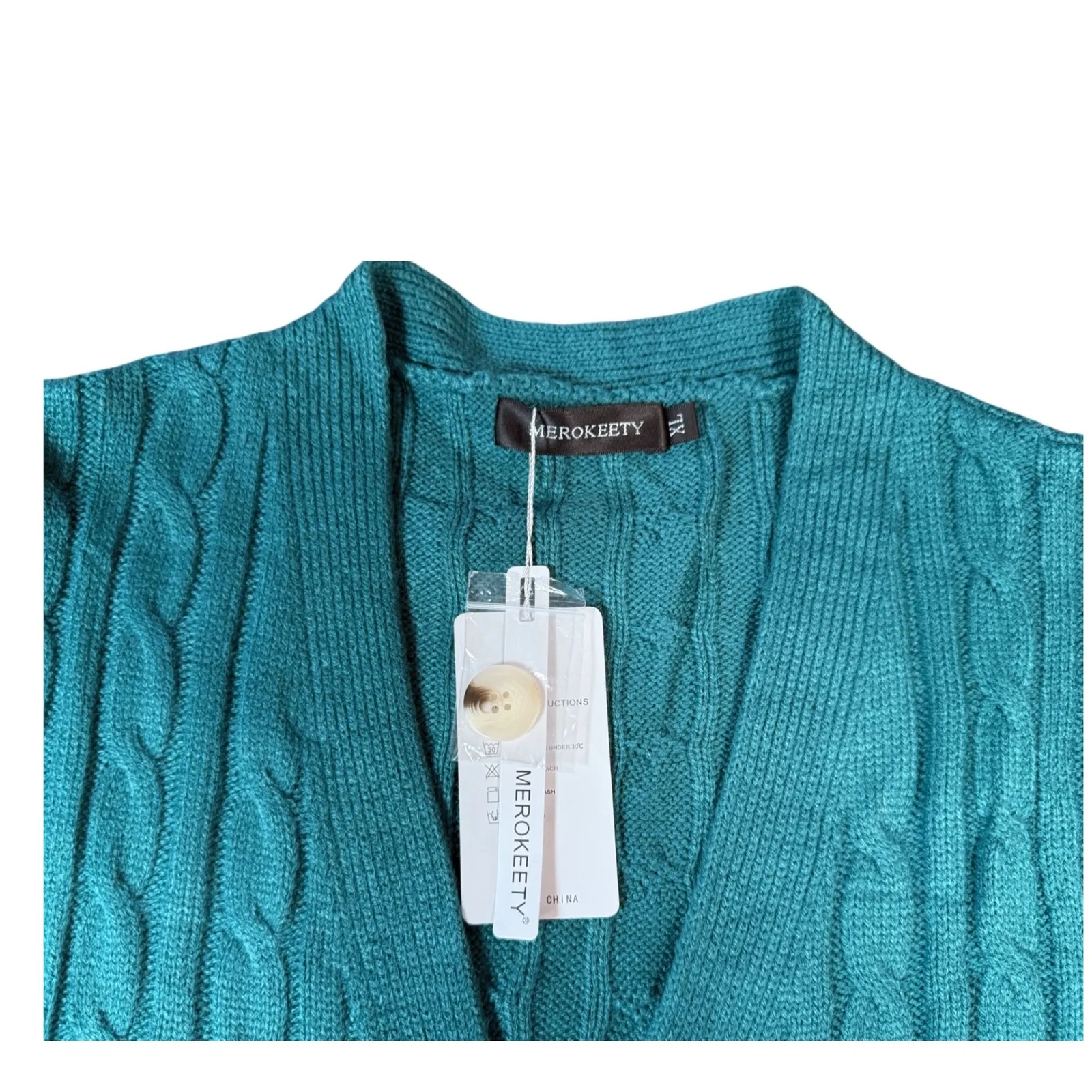 Merokeety Womens Cardigan‎ Button Down Cable Knit Pockets Green TN XL - Image 4