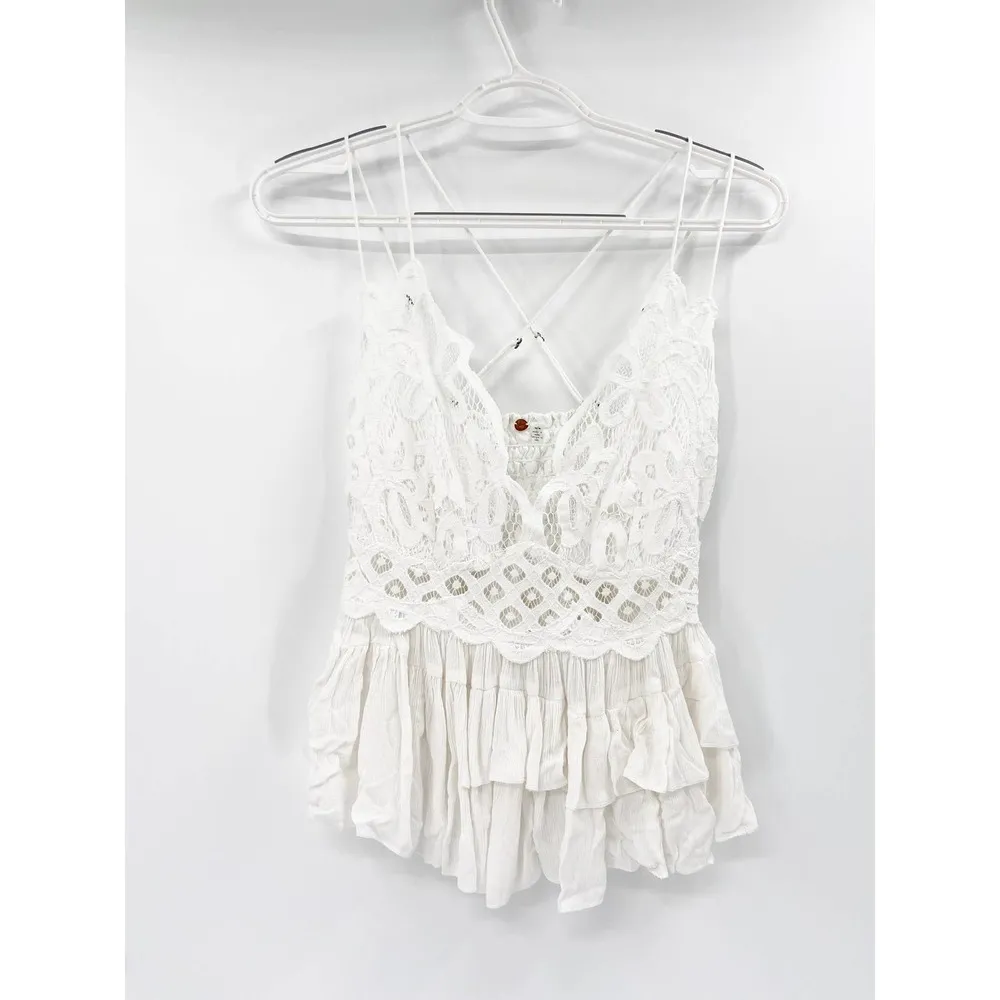 Free People One Adella White Lace Ruffled Sleeveless Camisole Top Size Medium - Image 2