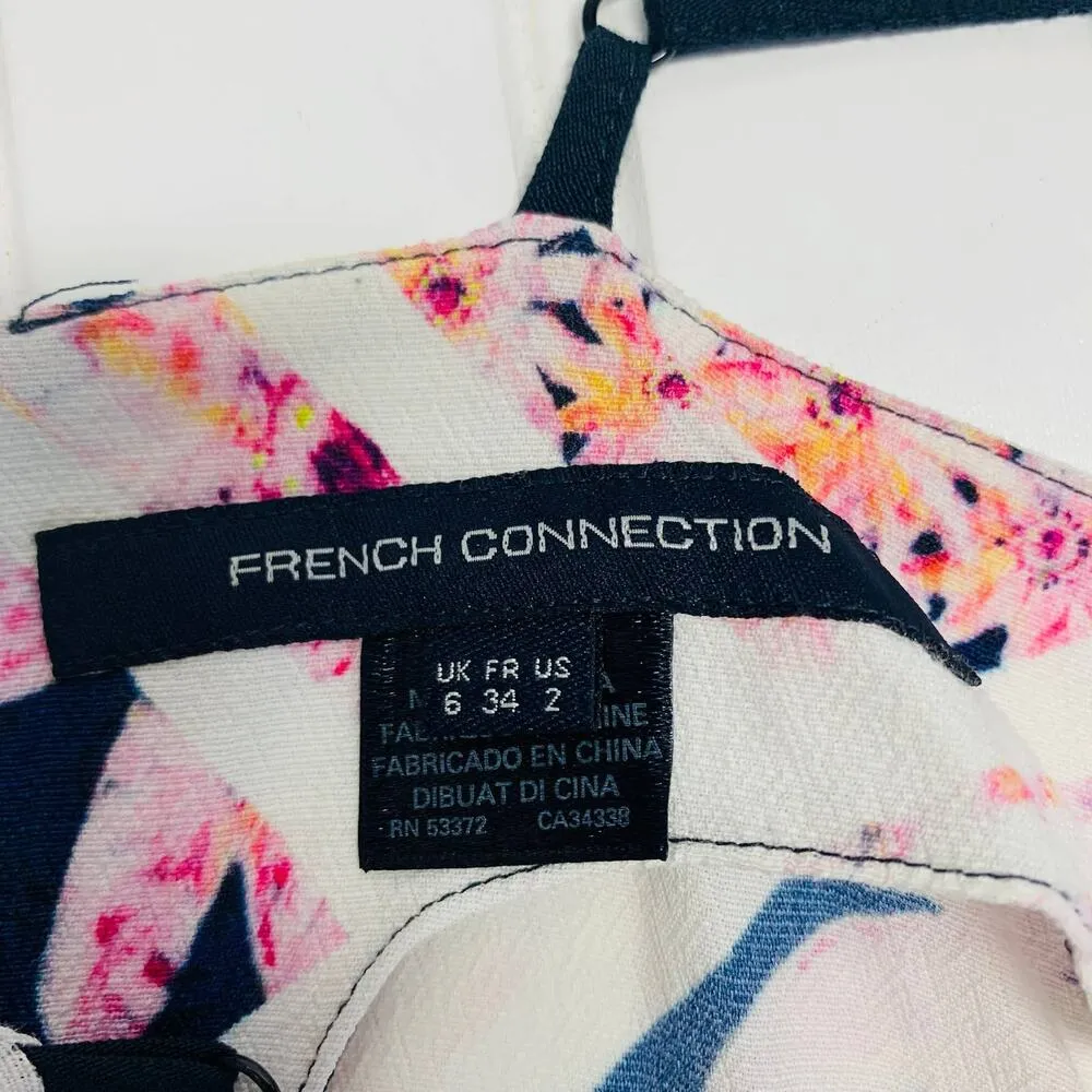 French Connection Floral Pink White Orange w Dark Blue Pleated Trim Sz 2 - Image 5
