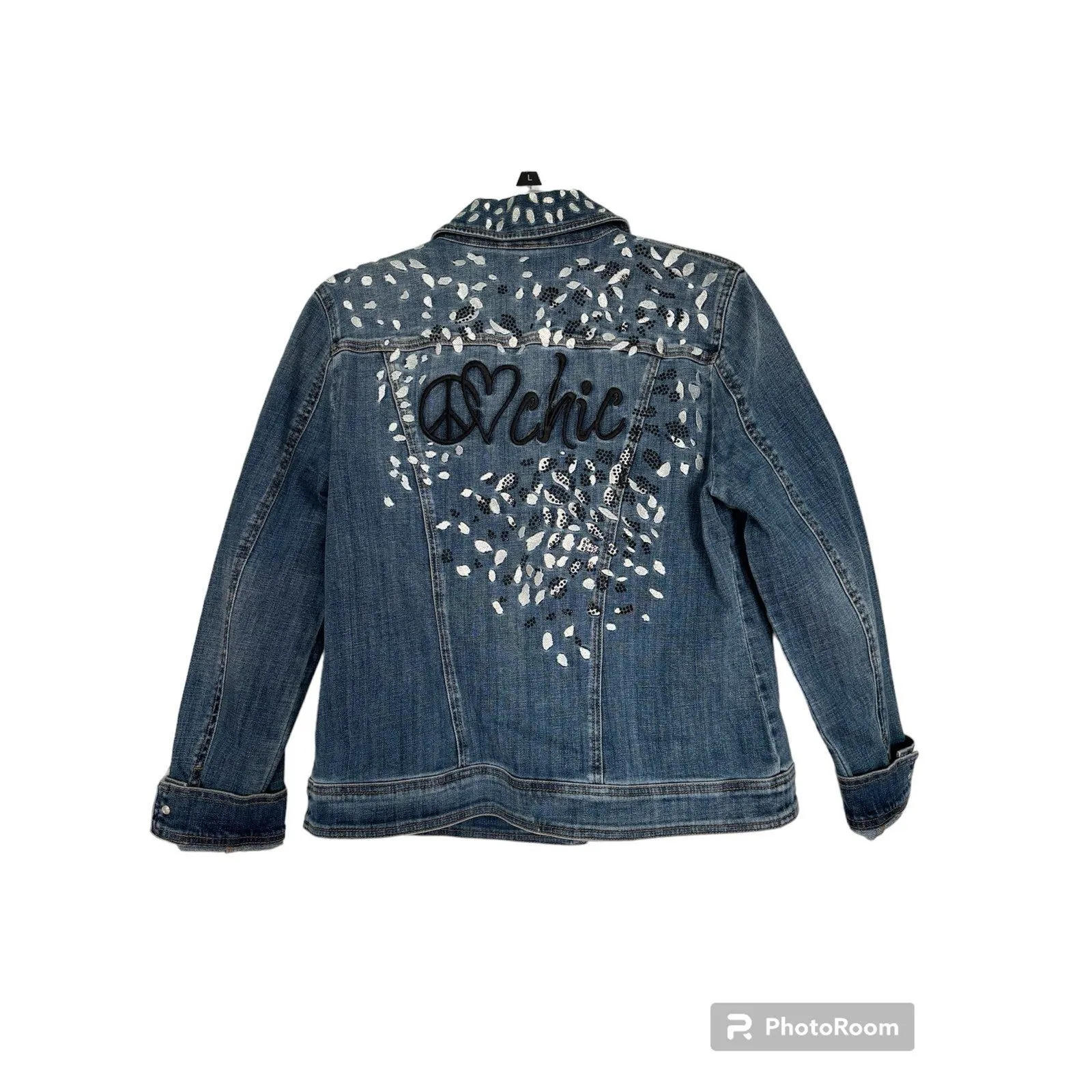 Chicos NWT PEACE LOVE CHIC Embroidered‎ Denim Jean Jacket Size 1 - Image 4