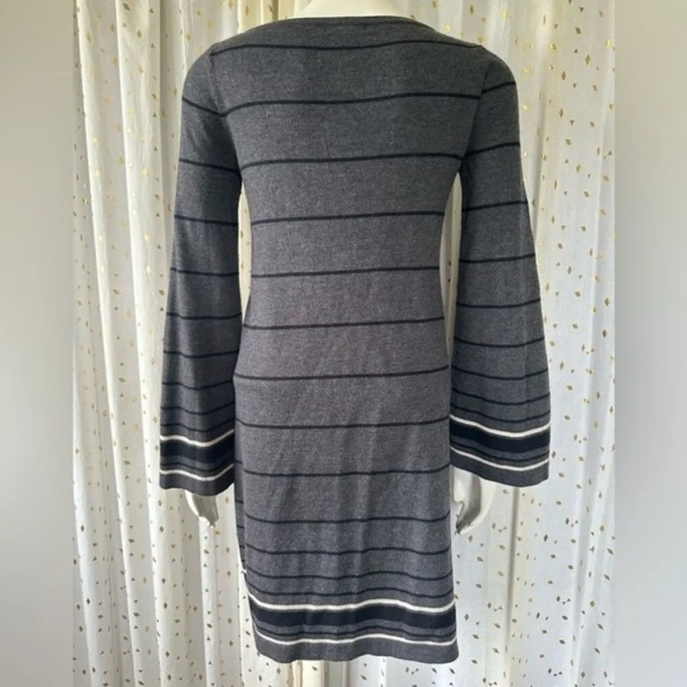 Max Studio Wool Blend Bell Sleeves High Neck Stripe Shift Knit Sweater Dress XS - Image 3