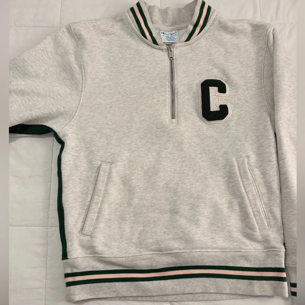 Champion Sweatshirt Reverse Weave Gray Green Pink Pipping Zip Pockets - Image 4