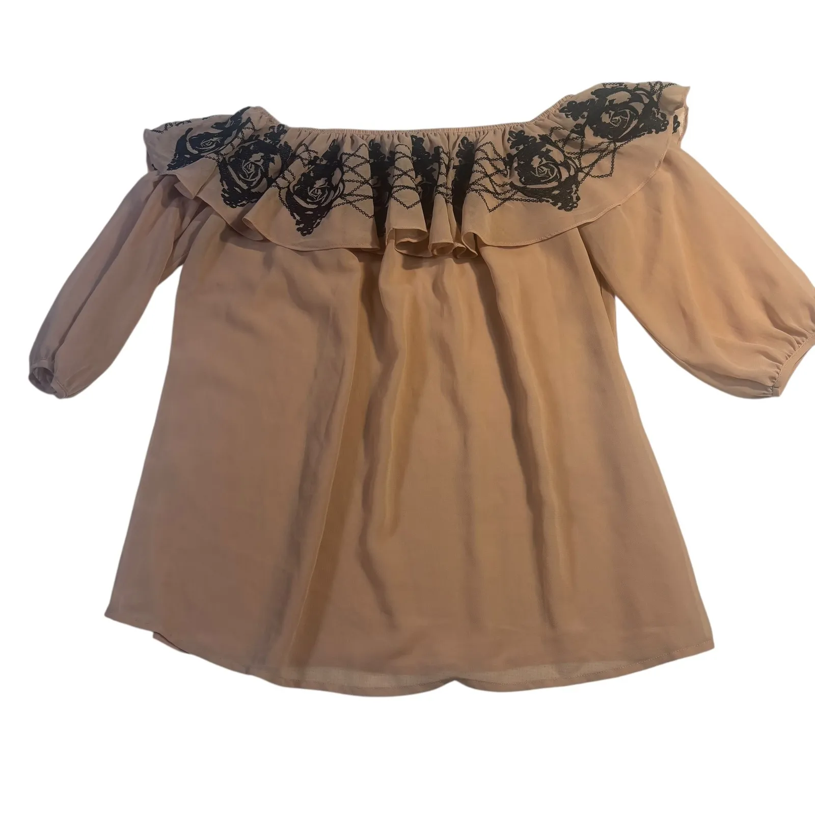 Boutique Forever 21 Off Shoulder Ruffle Rose Embroidered Sheer Blouse Nude Small Tan - Image 3