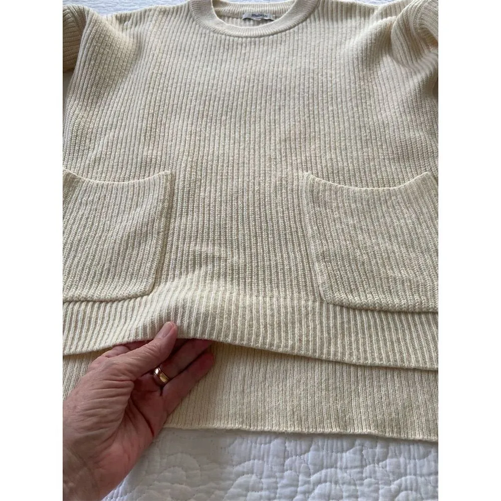 Madewell Ivory Patch Pocket Pullover Sweater Size S Long Sleeve Crew Neck - Image 12