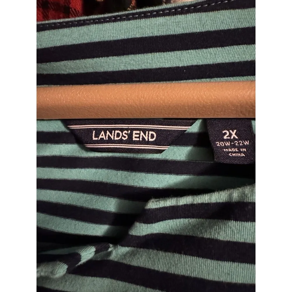 Lands' End Women Casual Dress Teal Blue Tonal Stripe 2X Cotton Short Sleeve Green - Image 9