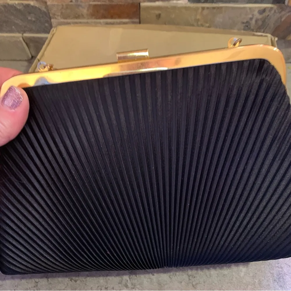 Tango Women's Black Satin Flat Pleated Pearl Clutch Purse Shoulder Bag Formal - Image 5