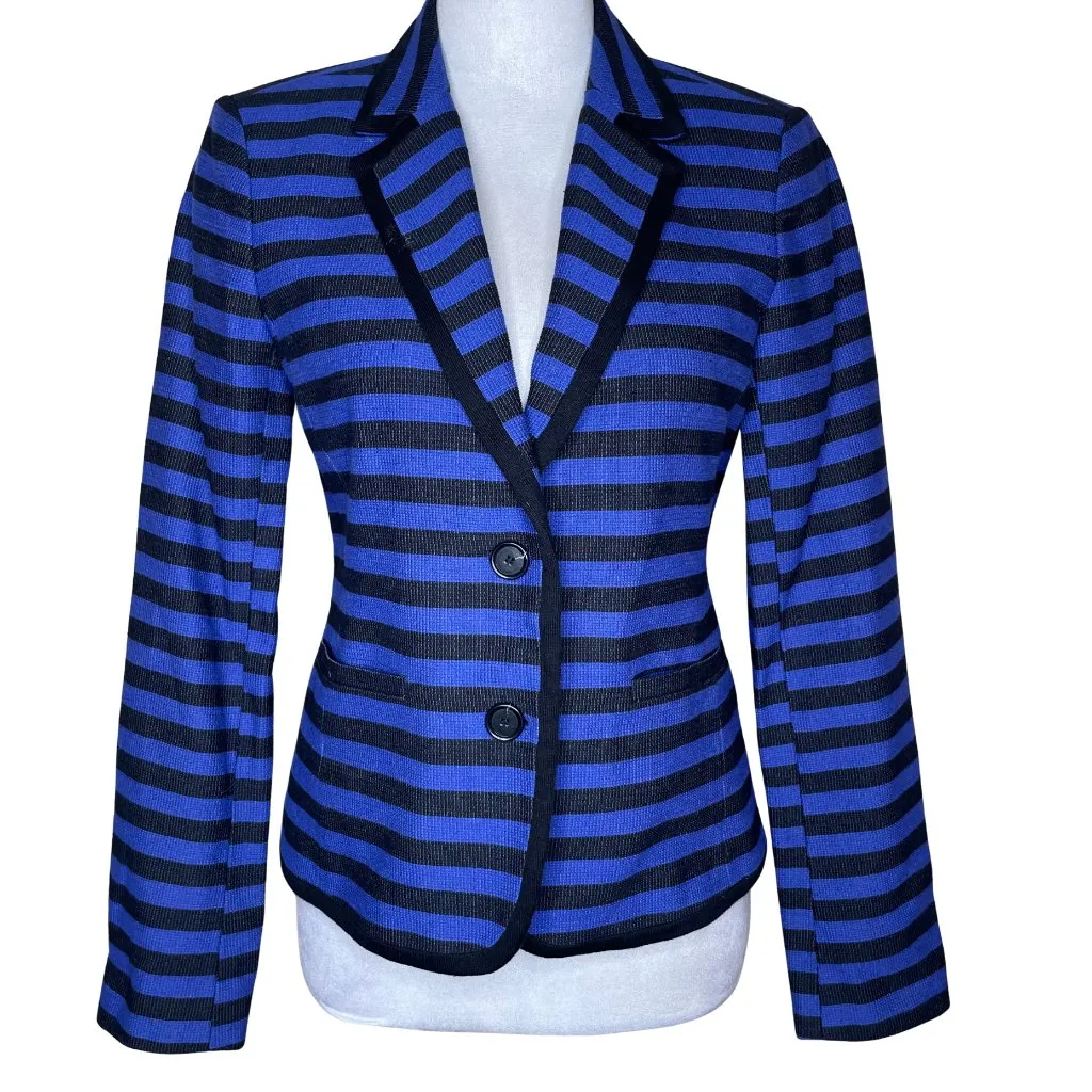 Ann Taylor Cotton Blend Royal Blue & Black Striped Blazer Jacket Sz 4 - Image 2