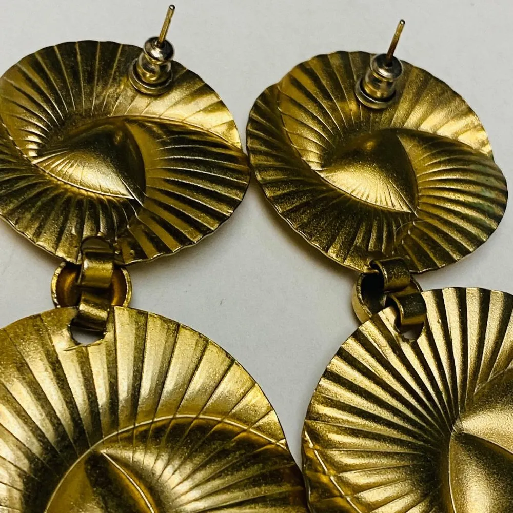 Gold Tone Retro Disc Pierced Dangle Earring Geometric Swirl Hippy Gypsy Vibe VTG - Image 15