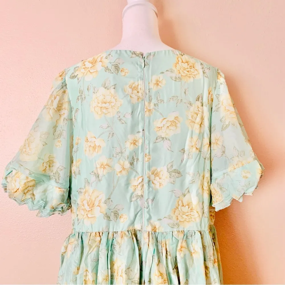 Ivy City Co Mint Green & Yellow Floral Ruffle Flutter Sleeve Dress. - Image 7