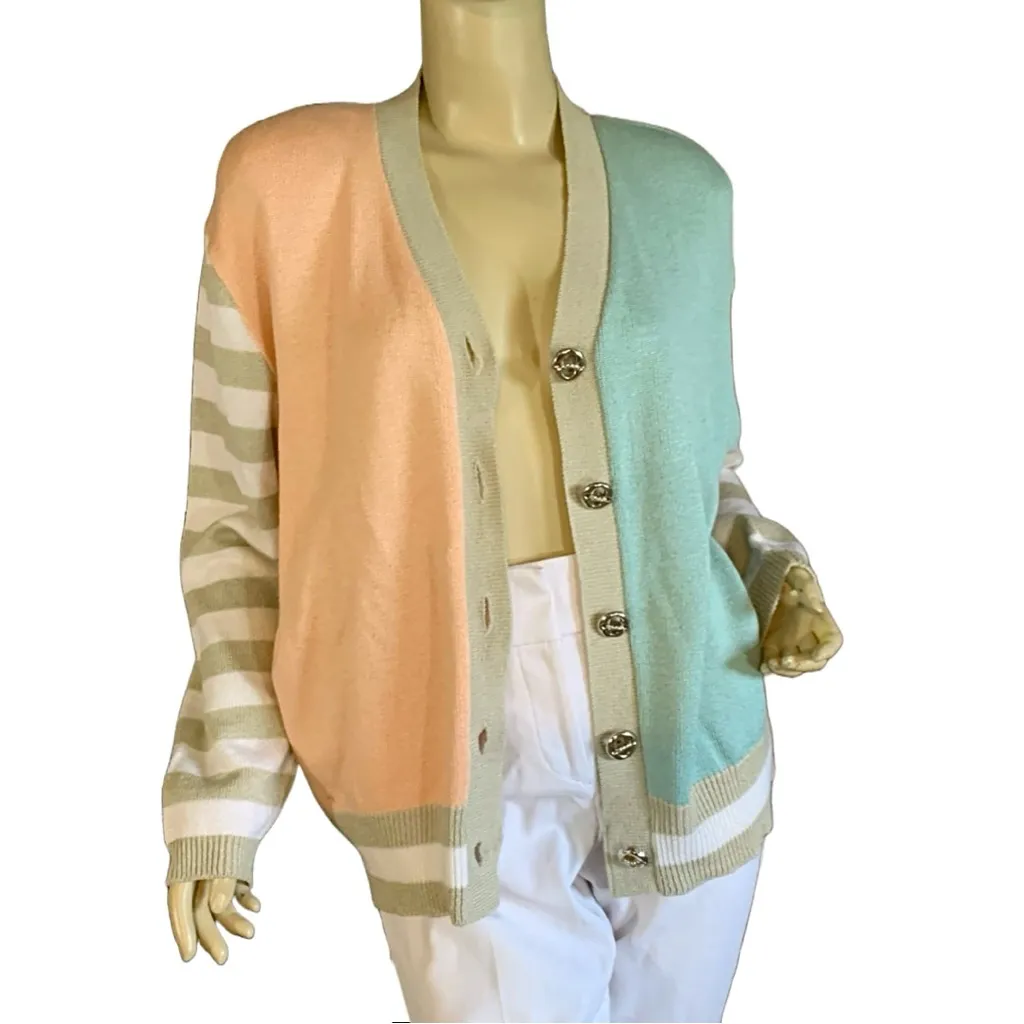 VINTAGE 1990'S PEACH, MINTY BLUE & TAUPE PASTEL COLOR BLOCK CARDIGAN (L) Orange Size L - Image 7