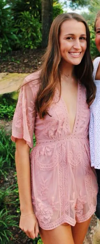 Blush Lace Deep V Romper Pink - Image 2