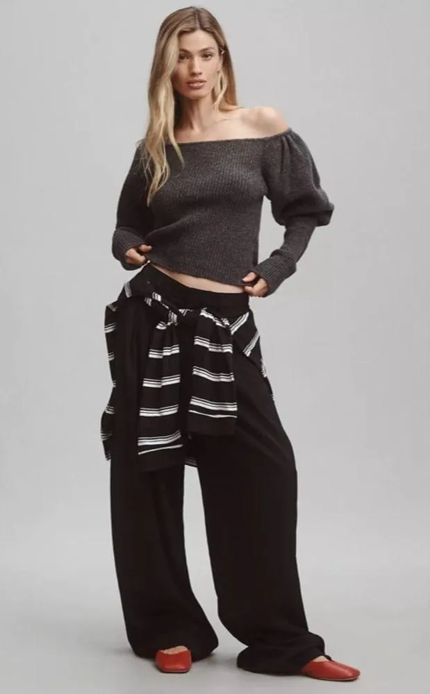 By Anthropologie Off The Shoulder Puff Sleeve Sweater Grey Womens Size L - Image 2