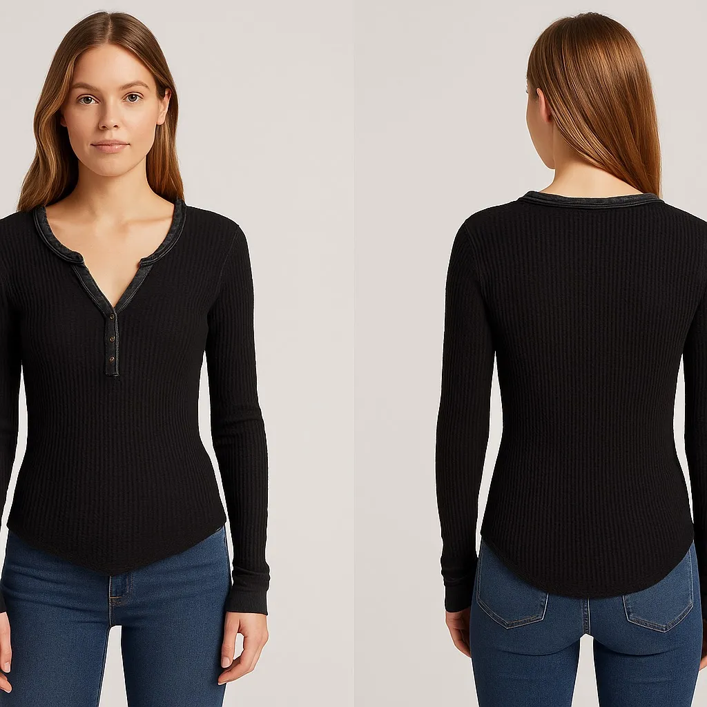 Pink Rose Long Sleeve Waffle Knit Henley Top – Size M - Image 2