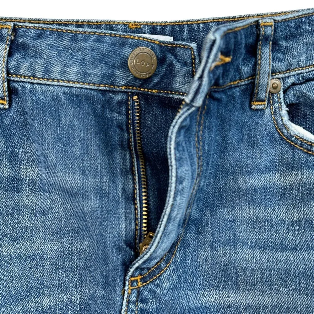 LOFT Petite SZ 6P Mini A-Line Jean Skirt Pockets Distressed Slit Frayed Hem Blue - Image 2