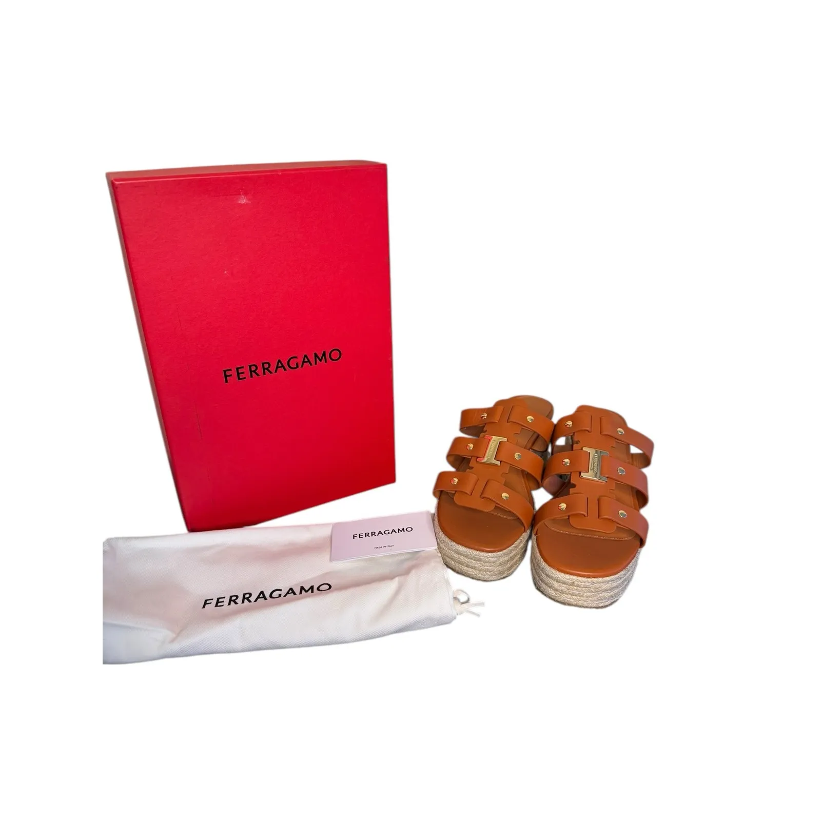 Ferragamo NIB Milica Strappy Leather Platform Sandals in Cognac Size 9.5 - Image 2