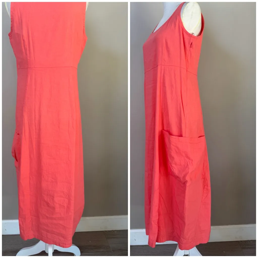 Eileen Fischer coral melon linen blend sleeveless midi dress pocket sz Small - Image 6