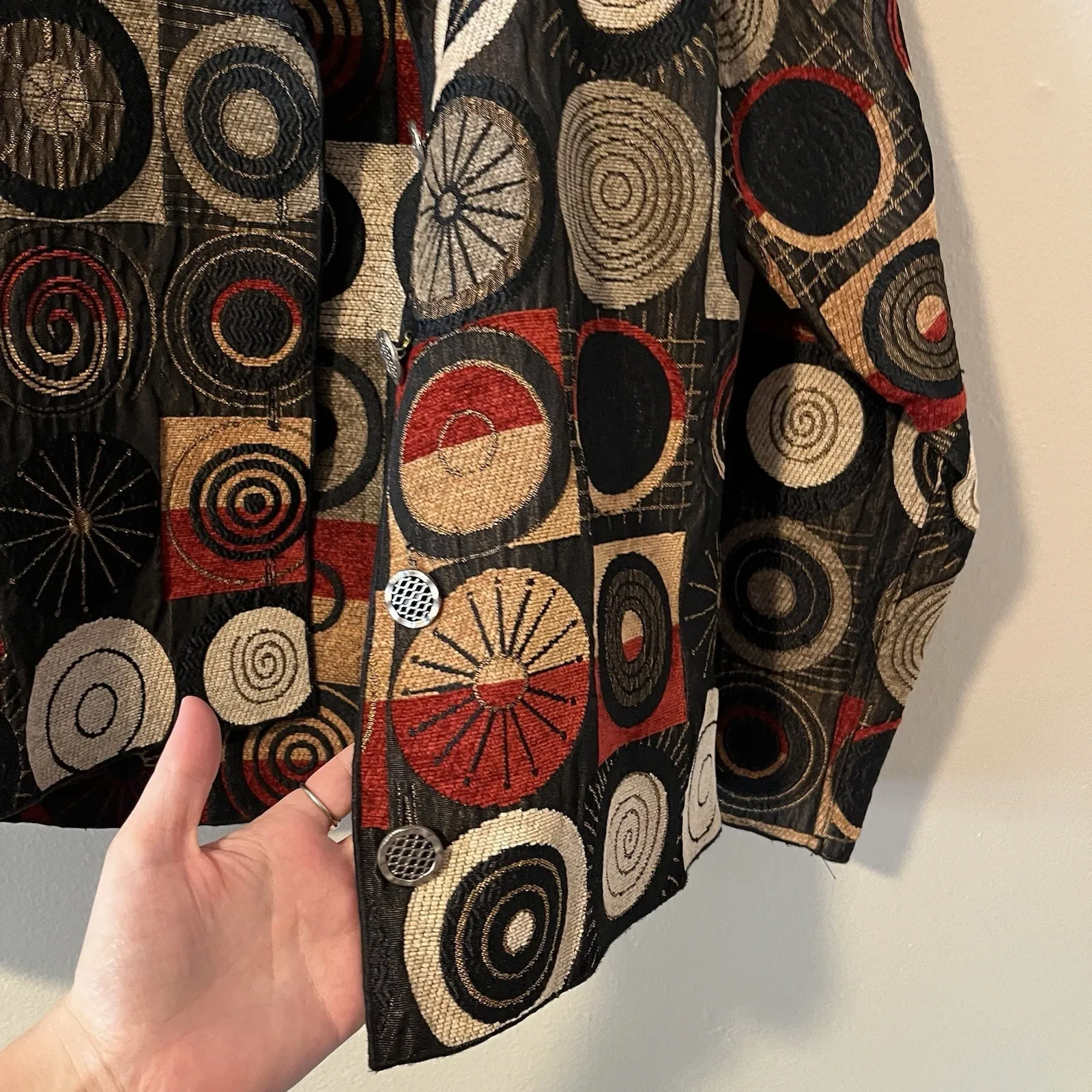 Vintage Jacket Womens S Reversible Wearable Art To Wear Button Abstract Jacquard Red - Image 10