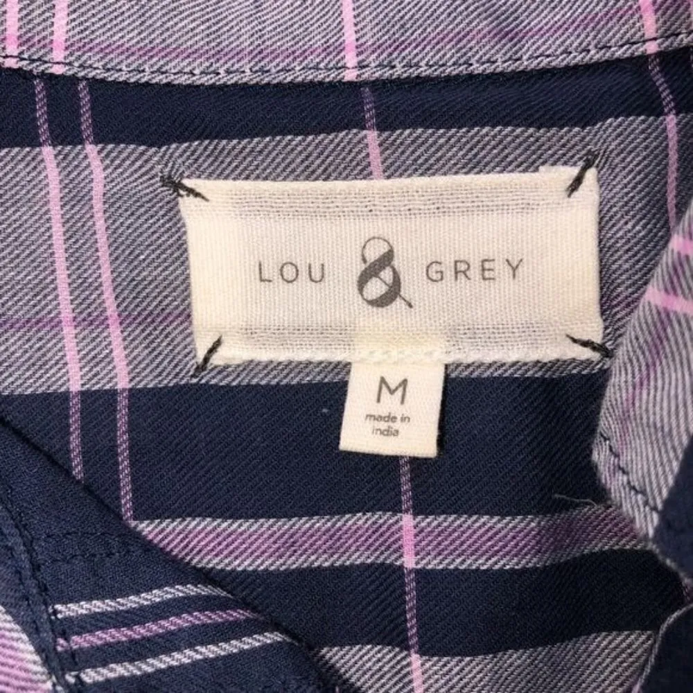 Plaid Top Lou & Grey Size M Button Down Tunic Length Purple Shirt Long Sleeve - Image 2
