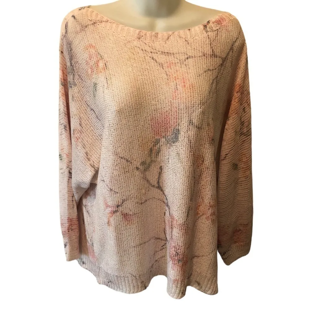 Sioni Boatneck Floral Sweater XL Pink Dolman Sleeve Chic Lightweight Silky Knit - Image 2