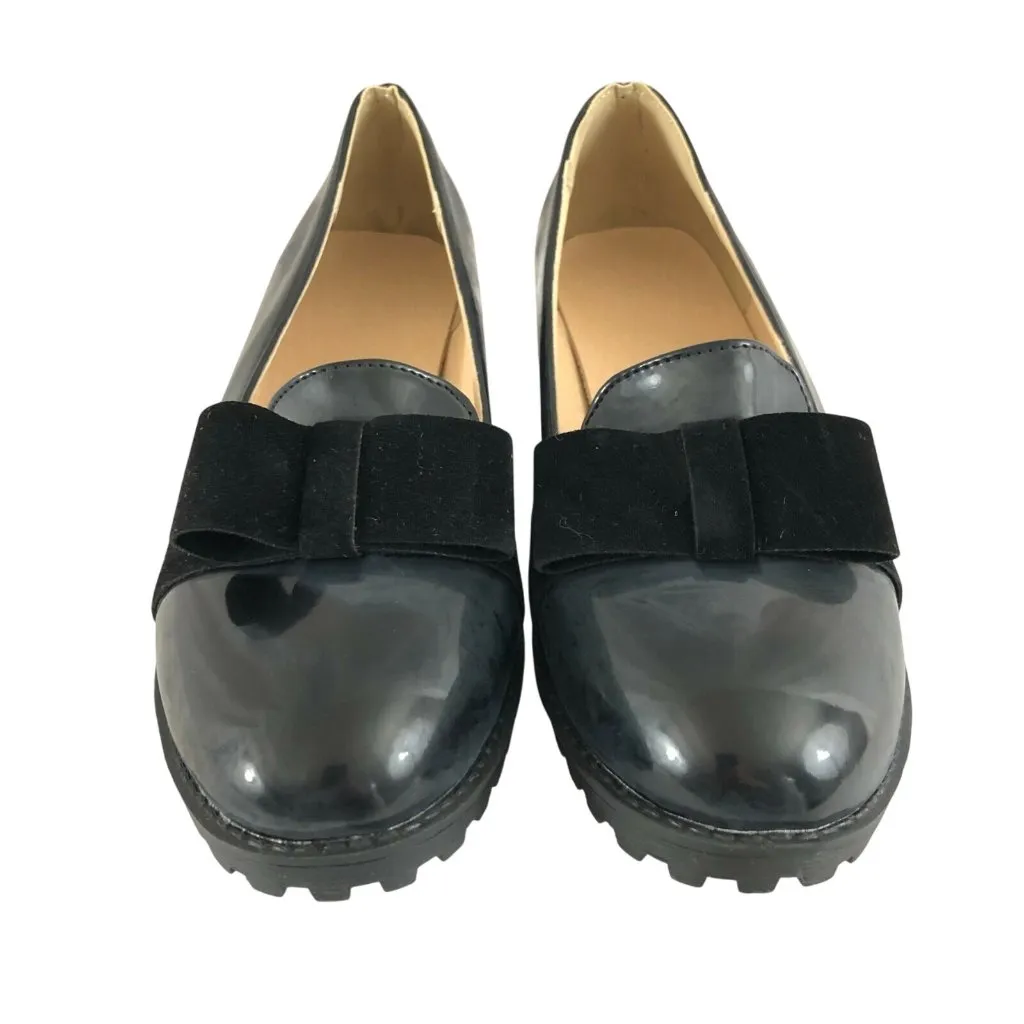 Womens Slip On Loafers Rockabilly Retro Faux Leather Bow Black 38 US Size 7 - Image 2