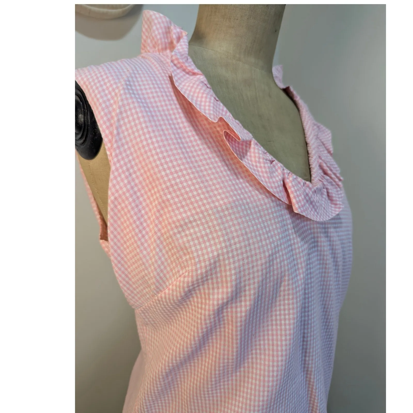 Handmade Gingham Ruffle Collar Sleeveless‎ Top Pink White Checkered Blouse - Image 2