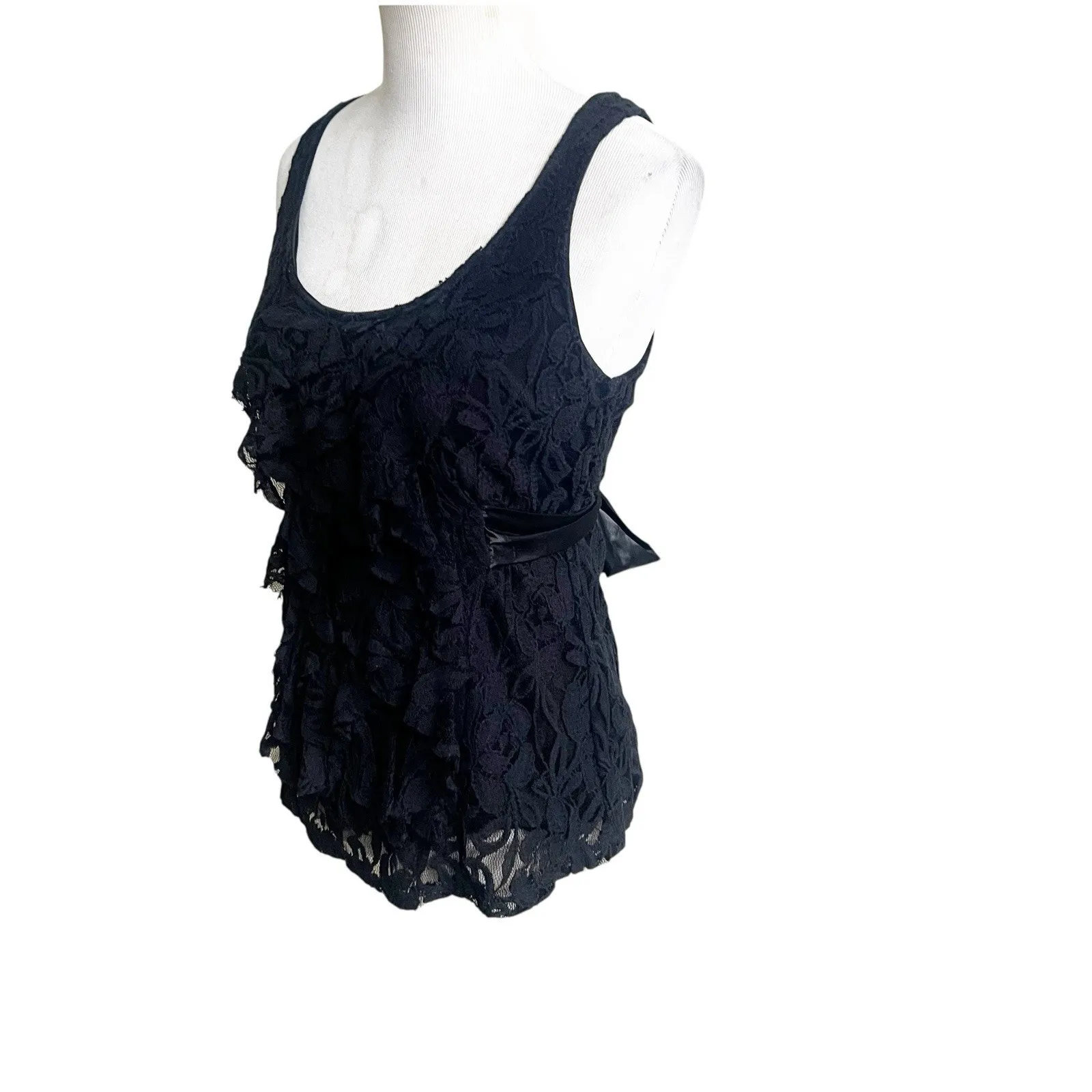 Wet Seal Black Lace Ruffled Satin Tie Y2K Tank Whimsygoth Size Medium Black - Image 4