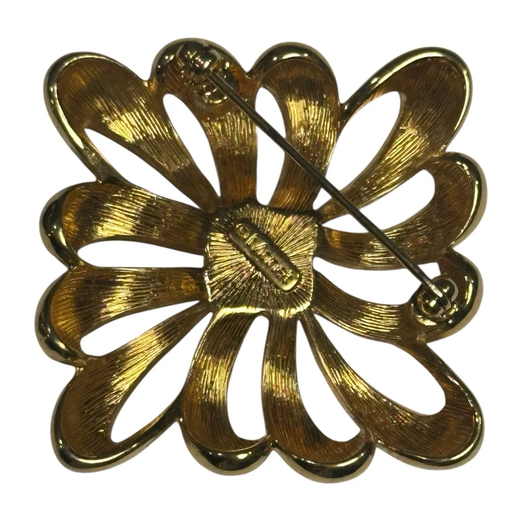 Monet Brooch Pin Gold Tone Wear as a Triangle or Square Faux Pearl Center Yellow - Image 3