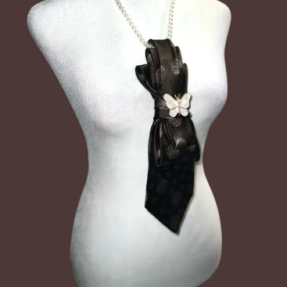 Dainty Dapper’dark brown Polka Dot Necktie Necklace with Butterfly Accent Black - Image 3