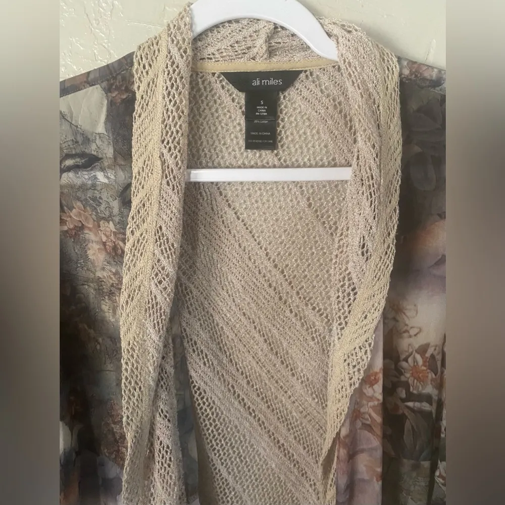 Ali Miles Open Cardigan Womens Small Floral Semi Sheer Knit Crochet Artsy Kimono - Image 2
