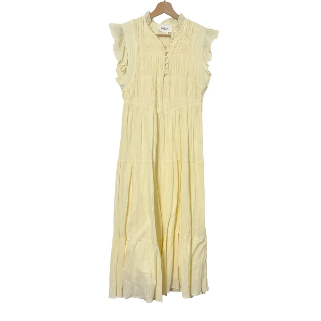 ba&sh Noah Midi Dress Women’s Size Small Yellow Cotton Gauze Ruffle Shirred - Image 2