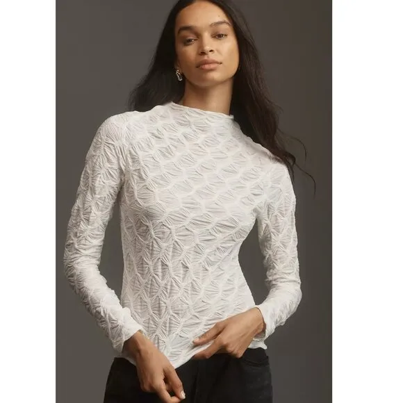 Anthropologie Maeve Talia Long Sleeve Mock Neck Textured Top in Ivory Women's S - Image 2